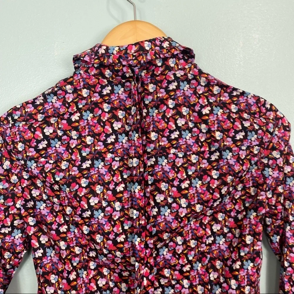 J‎ Crew Liberty Of London Sz 00 Ruffle Collar Shirt Tie Neck Red Pink Floral
